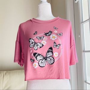 KTK Rose Pink Butterfly Daisy Factory Cutoff T-Shirt Size Medium